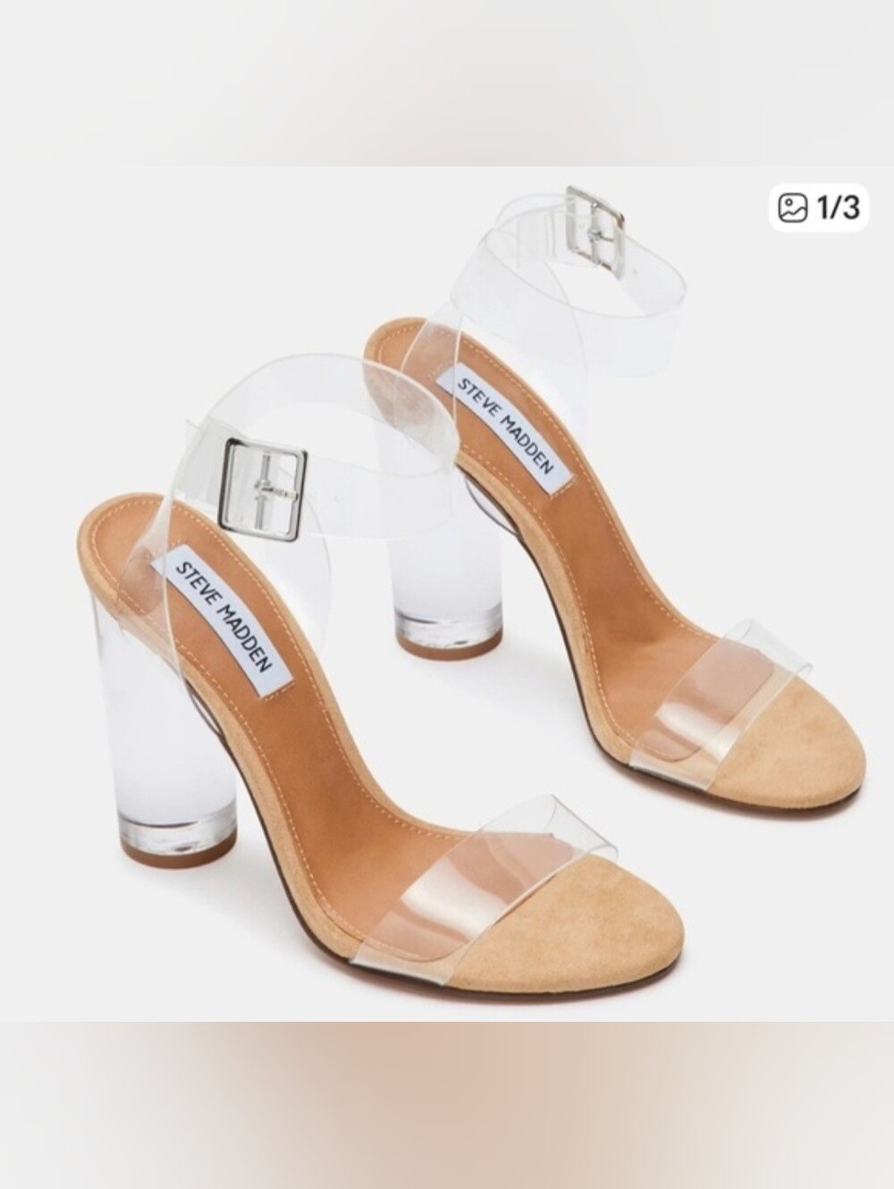 Steve Madden Clear PVC Strap Tan Suede Block Heel Sandals